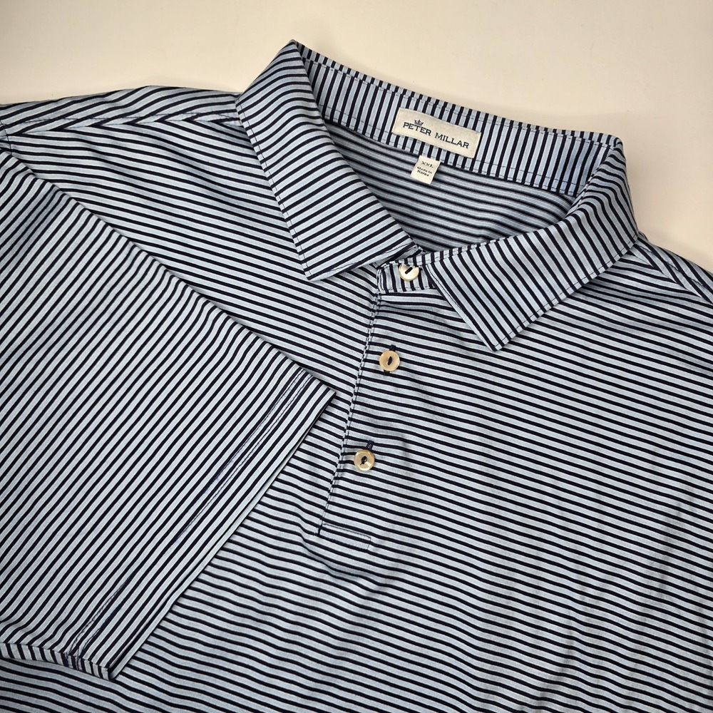 Peter Millar Polo Shirt Mens 2X XXL Blue Stripe 100% Cotton Golf Casual Korea